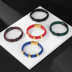 Braided leather bracelets in black, brown, red, green and blue with magnetic metal clasps