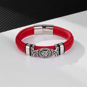 Wikinger-Herrenarmband aus rotem Leder mit Valknut-Gravur und poliertem Magnetverschluss