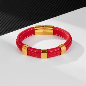 Minimalist red braided leather bracelet with golden magnetic clasp and metal rings