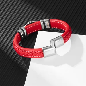 Modisches rotes Lederarmband im Wikinger-Stil mit poliertem Edelstahl-Verschluss für Herren