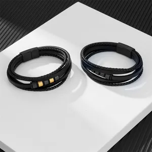 Bracciale multistrato in pelle da uomo con chiusura magnetica in acciaio inox
