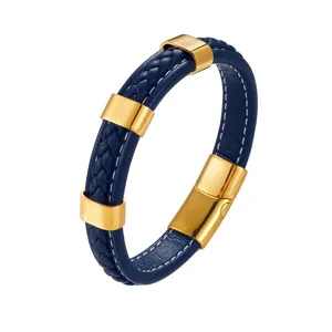 Detailed close-up of a blue woven leather bracelet with polished gold magnetic clasp