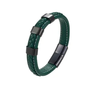 Close-up of green woven leather bracelet with matte black magnetic metal clasp