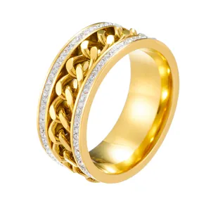 Bague chaîne cubaine rotative dorée avec double rangée de cristaux pour hommes et femmes