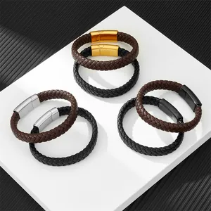 Braided leather bracelet set with magnetic clasps in black and brown finishes