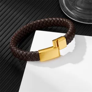 Braided dark brown leather bracelet with a large rectangular gold magnetic clasp