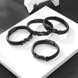Men's minimalist black braided leather bracelets with sleek magnetic steel clasps