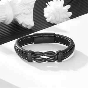Men's black braided leather bracelet with black infinity charm and magnetic metal clasp