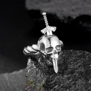Gothic silver skull and sword stainless steel ring on volcanic rock base for men