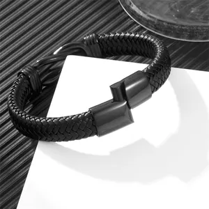 Men's minimalist braided black leather bracelet with sleek black stainless steel buckle