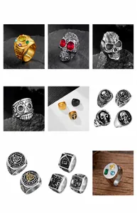 Collezione di anelli vintage in acciaio al titanio con teschi e motivi a triangolo nordico