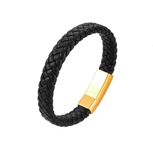 Close-up of black braided leather bracelet with polished gold magnetic clasp detail