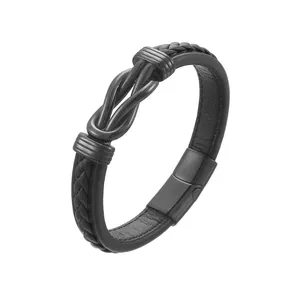 Close-up of black braided leather bracelet with stainless steel magnetic clasp buckle
