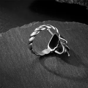Vintage gothic skull ring for men in antique silver finish with twisted rope band design