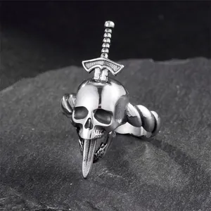 Vintage Stainless Steel Skull Sword Ring For Men Gothic Punk Rock Distressed Twisted Band Finger Ring Jewelry Gift