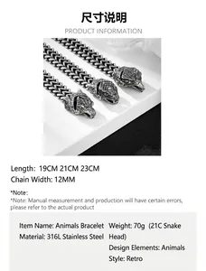 Größentabelle für Tierkopf-Armbänder aus 316L Edelstahl mit Maßen und Spezifikationen