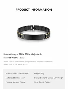 Detail of 12mm black and gold stainless steel men's curved link bracelet with dimensions