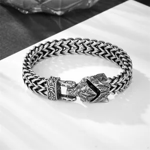 Vintage Wikinger Armband für Herren aus Edelstahl mit Wolfskopf und grober Kette