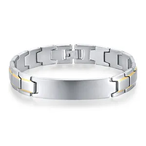 Mens stainless steel ID link bracelet in silver and gold with brushed finish rectangle plate