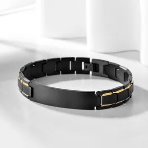 Men's Stainless Steel ID Bracelet Two-tone Black Gold Silver Link Chain Bangle With Curved Plate Minimalist Industrial Style Fashion Jewelry