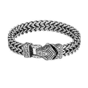 Vintage Wikinger Armband aus Edelstahl mit detailliertem Schlangenkopf und grober Kette