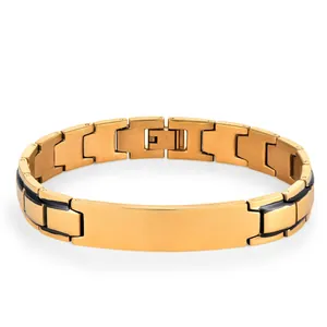 Men's titanium steel bracelet featuring black and gold link design with custom engravable bar