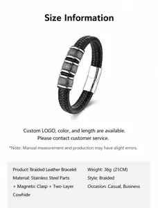 Detail of black woven leather bracelet with stainless steel magnetic clasp and stippled texture