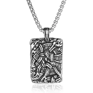 Vintage Viking totem engraved pendant necklace in stainless steel with square box chain