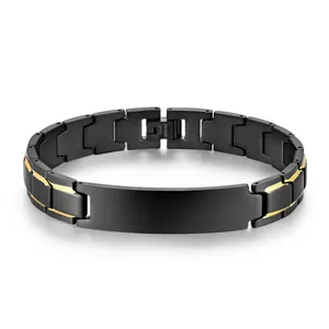 Men's titanium steel bracelet in matte black and gold with a smooth curved plate id