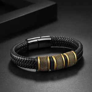 Men's braided black leather bracelet with gold textured beads and magnetic buckle