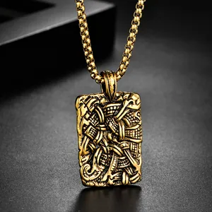 Retro Viking Rectangular Relief Pendant Necklace For Men Stainless Steel Distressed Celtic Knot Punk Gothic Jewelry Gift