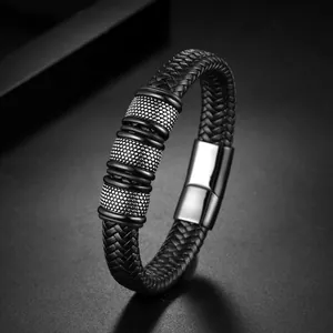 Men's black braided leather bracelet with textured silver beads and magnetic clasp