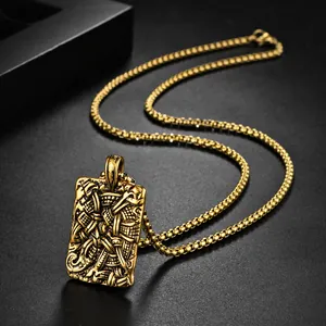 Nordic vintage style gold rectangular embossed pendant necklace with detailed engravings