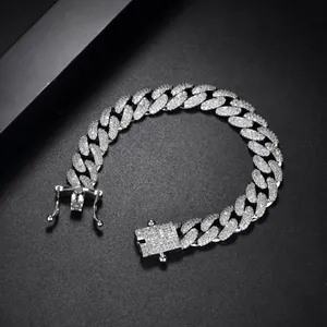 Pulsera cubana hip-hop plateada con pavé de diamantes y cierre de seguridad cuadrado