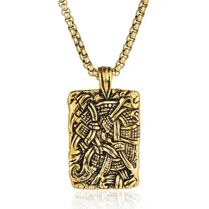 Vintage gold Viking style rectangle pendant necklace for men with relief details