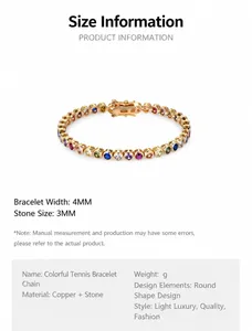 Detail view of 4mm tennis bracelet with 3mm multi-colored zircons set in 18K gold-plated copper