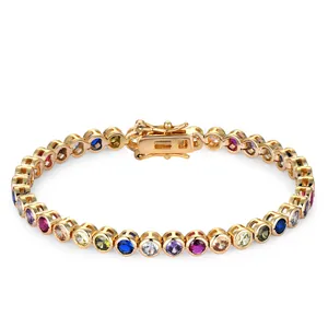 18K gold plated tennis bracelet with 3mm multi-colored cubic zirconia in rainbow order