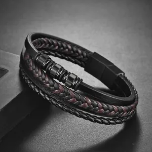 Multi-layer braided leather bracelet for men with black metal beads and magnetic clasp