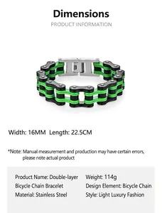 Détail du bracelet chaîne de vélo bicolore en acier inoxydable, largeur 16mm, poids 114g