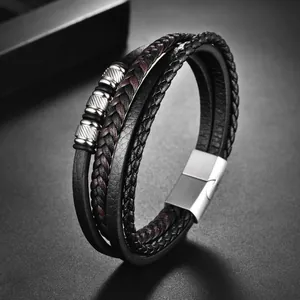 Men's multilayer braided leather bracelet with silver spiral metal beads and magnetic clasp