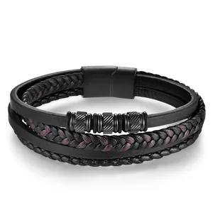 Men's multi-layer braided leather bracelet with black magnetic clasp and metal rings