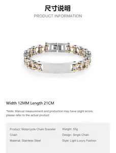 Detailed specs of two-tone 12mm stainless steel motorcycle chain bracelet for men