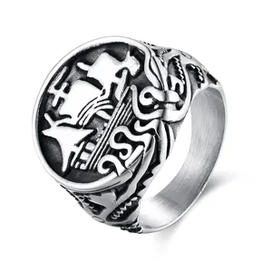 Anello con sigillo vintage in acciaio inossidabile con veliero e tentacoli