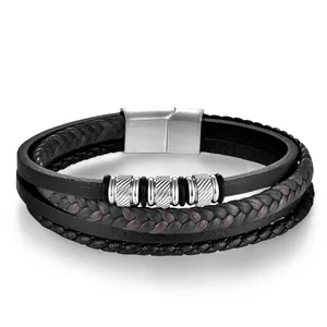 Multi-layer woven leather bracelet for men with silver magnetic clasp and metal beads