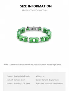 Scheda tecnica del bracciale a catena di bicicletta lucido in verde e argento hip hop