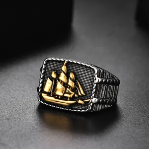 Bague chevalière bicolore vintage en acier inoxydable avec voilier 3D doré et texture corde