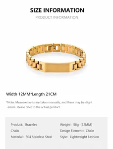 Macro detail of 12mm wide 18K gold stainless steel watch band bracelet with engravable plate