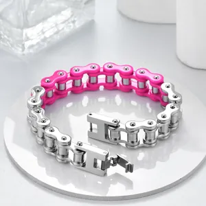 Pink and silver stainless steel motorcycle chain bracelet for men and women
