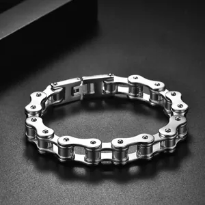 Rugged men's titanium steel motorcycle chain bracelet with brushed metal finish