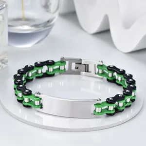 Mechanical bike chain bracelet in green, black and silver steel with curved metal plate